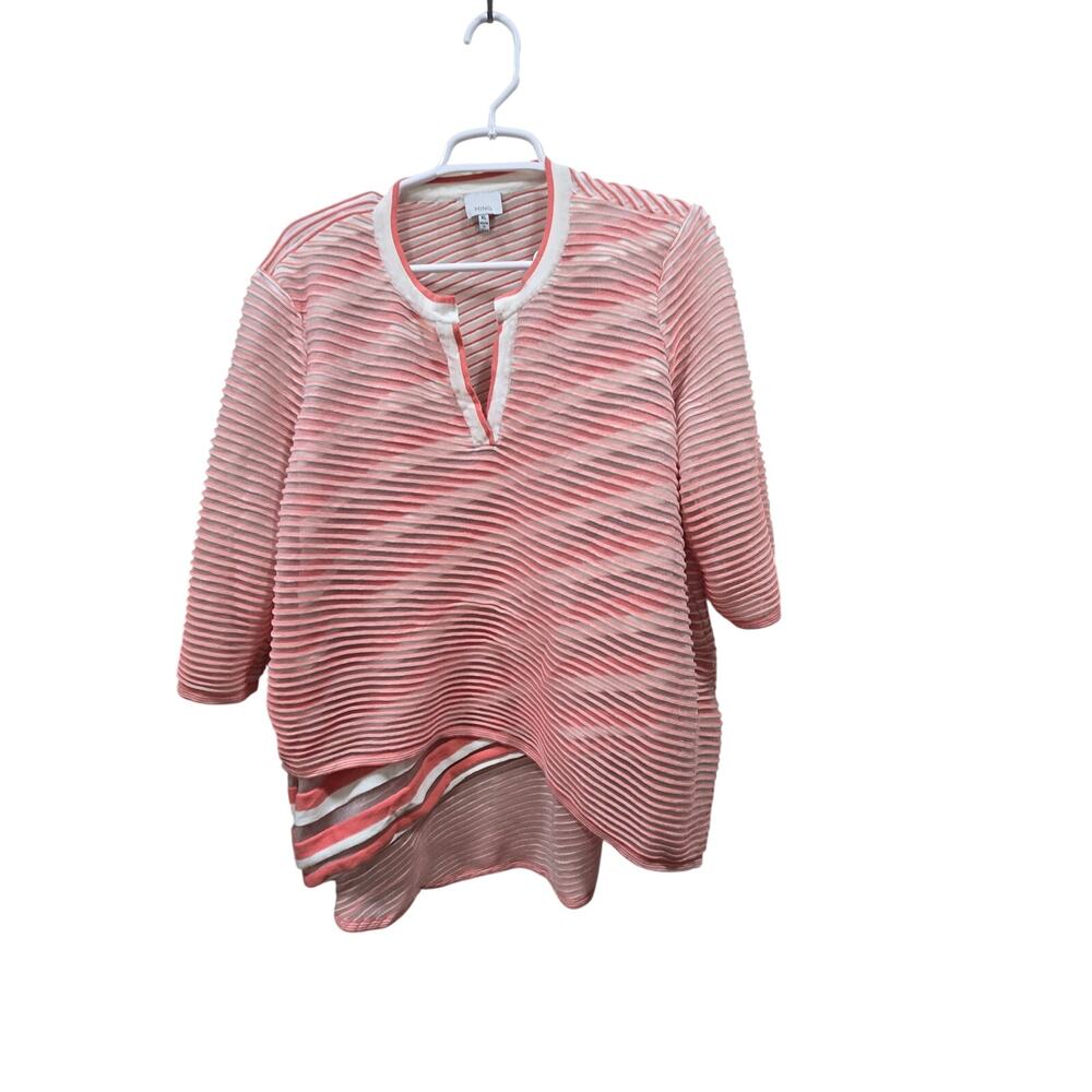 MING Wang XL Coral White Striped High Low Asymmetrical Tunic Top
